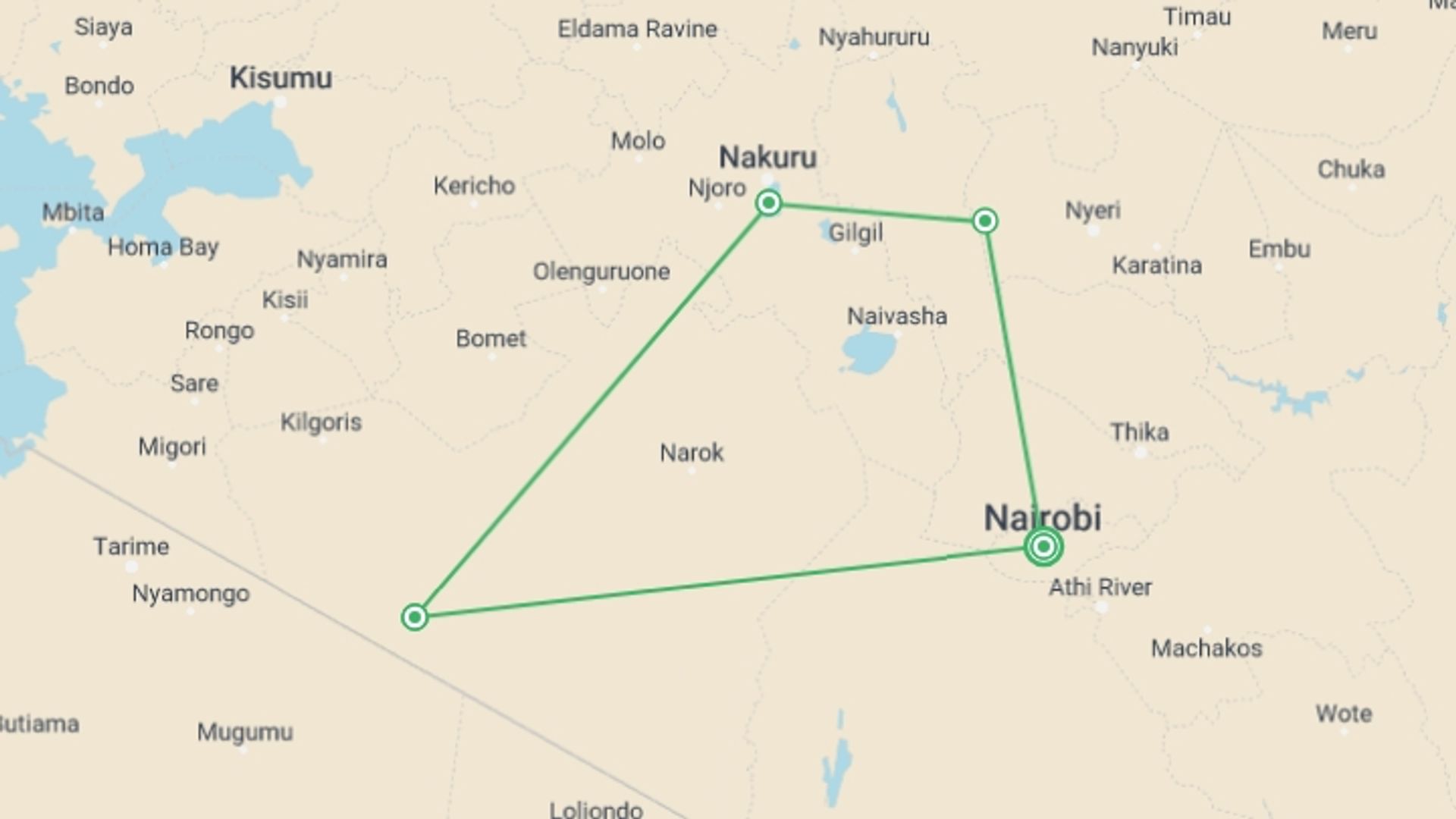A map showing the tour itinerary for the trip: Upgraded - Highlights of Kenya, starting in Nairobi, Kenya and ending in Nairobi, Kenya going through 3 other destinations.