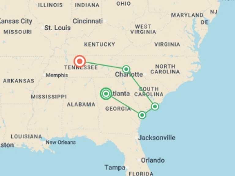 Map itinerary of USA Tour in December 2026 with 5 destination visits for the trip: Georgia History Trail to Nashville