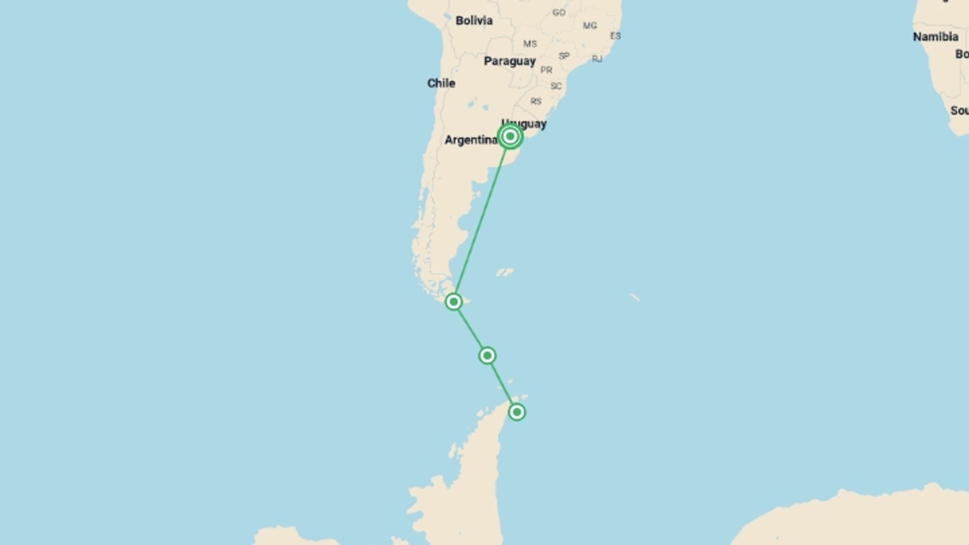 A map showing the tour itinerary for the trip: Emperor Penguin Quest: Expedition to Snow Hill, starting in Buenos Aires, Argentina and ending in Buenos Aires, Argentina going through 4 other destinations.