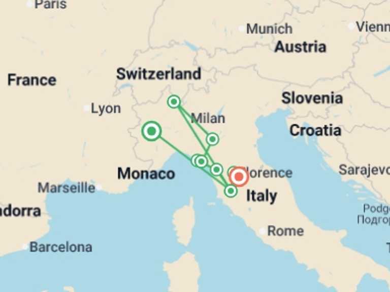 Map of Italy Tour with 5 destination visits for the trip: Tuscany, Lake Maggiore & the Italian Riviera 