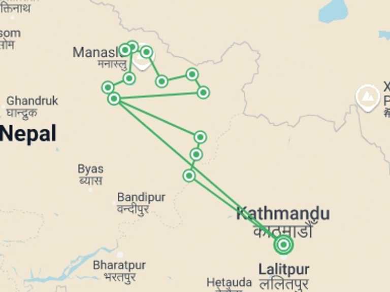 Map itinerary of Nepal Tour in Winter with 15 destination visits for the trip: Manaslu Circuit Trek