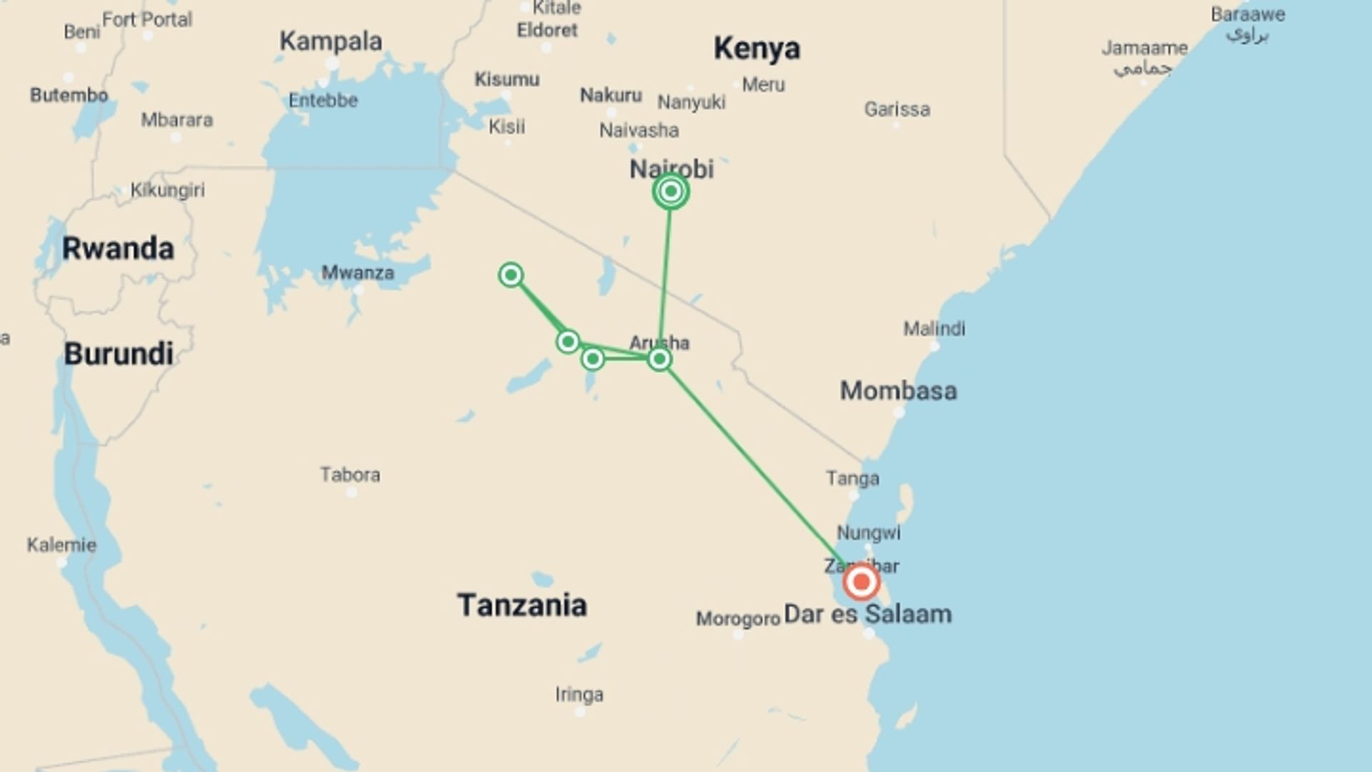 A map showing the tour itinerary for the trip: Classic Serengeti & Zanzibar, starting in Nairobi, Kenya and ending in Zanzibar, Tanzania going through 5 other destinations.