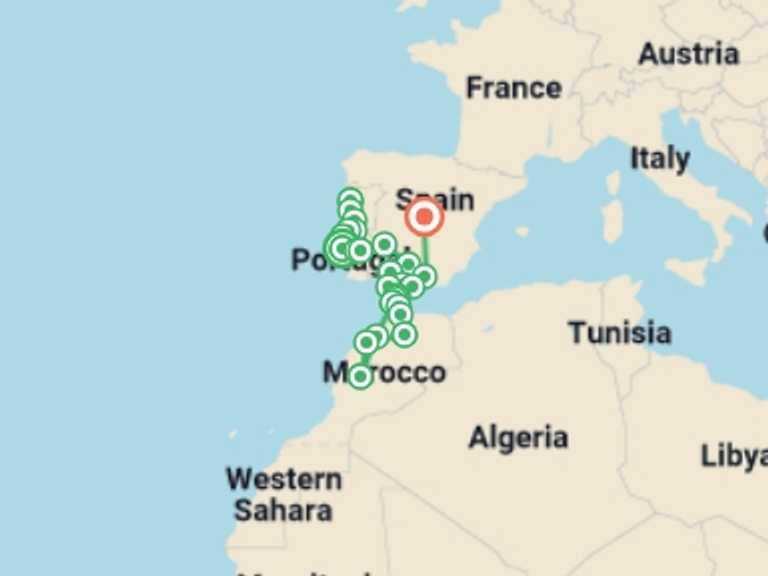 Map of Europe Explorer Tour with 14 destination visits for the trip: Highlights of Iberia & Morocco - 22 days
