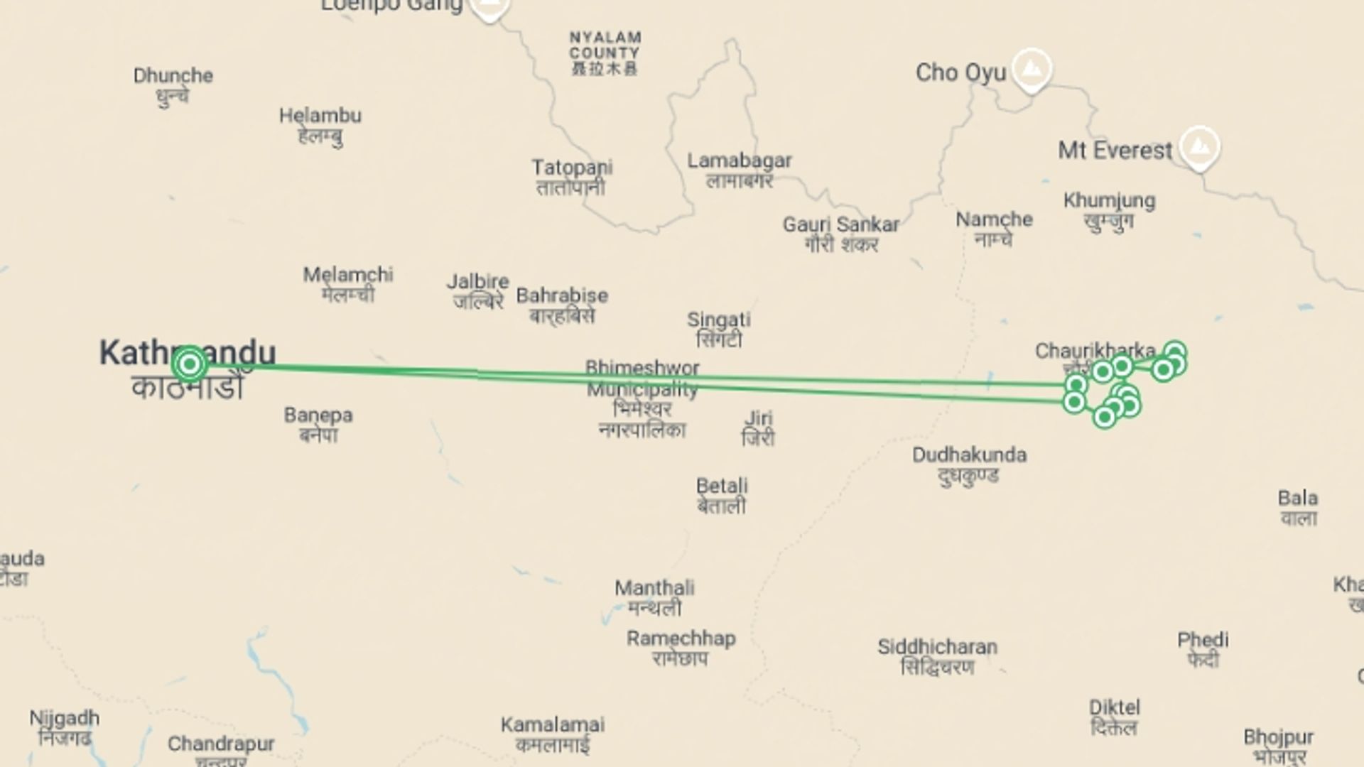 A map showing the tour itinerary for the trip: Mera Peak Climb, starting in Kathmandu, Nepal and ending in Kathmandu, Nepal going through 13 other destinations.
