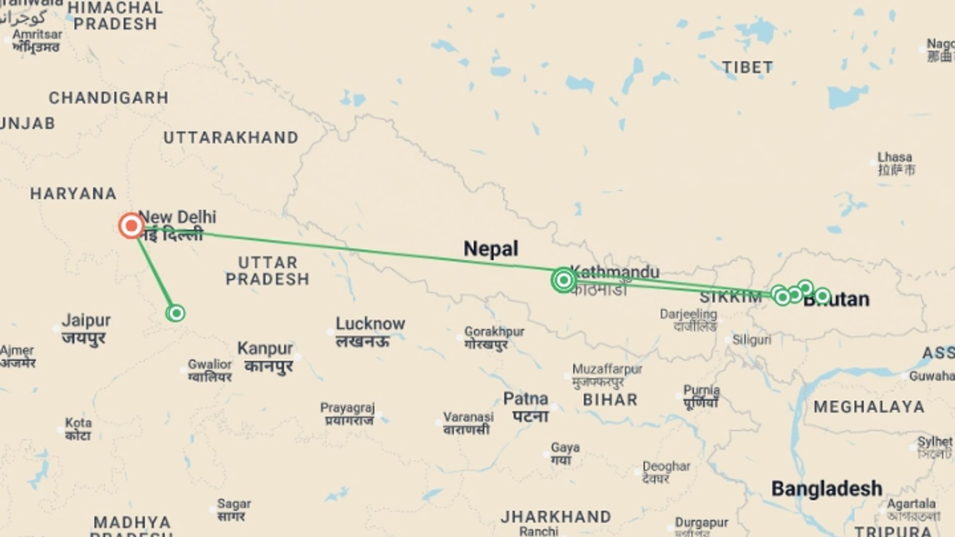 A map showing the tour itinerary for the trip: Temples, Dzongs and Taj, starting in Kathmandu, Nepal and ending in New Delhi, India going through 8 other destinations.