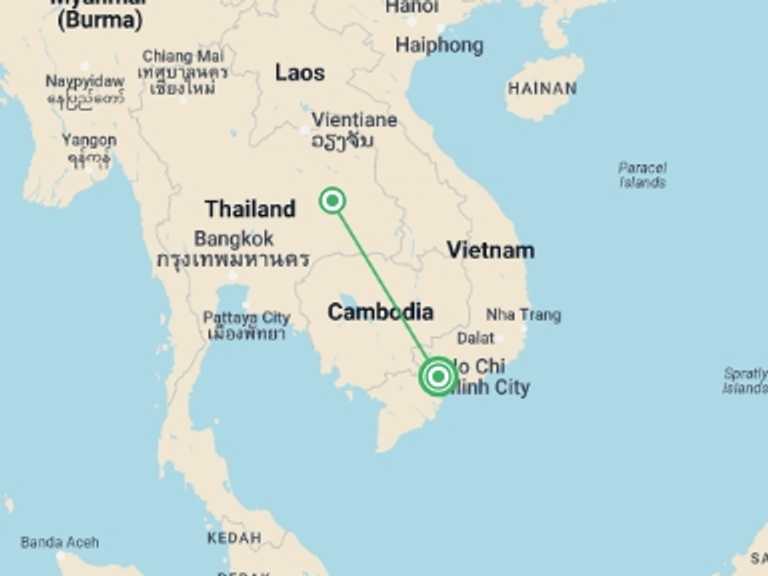 Map itinerary of Ho Chi Minh City Tour in Spring with 2 destination visits for the trip: Mekong River Adventure