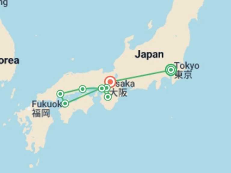 Map itinerary of Osaka Tour in December 2025 with 8 destination visits for the trip: Japan´s Landscapes end Kyoto