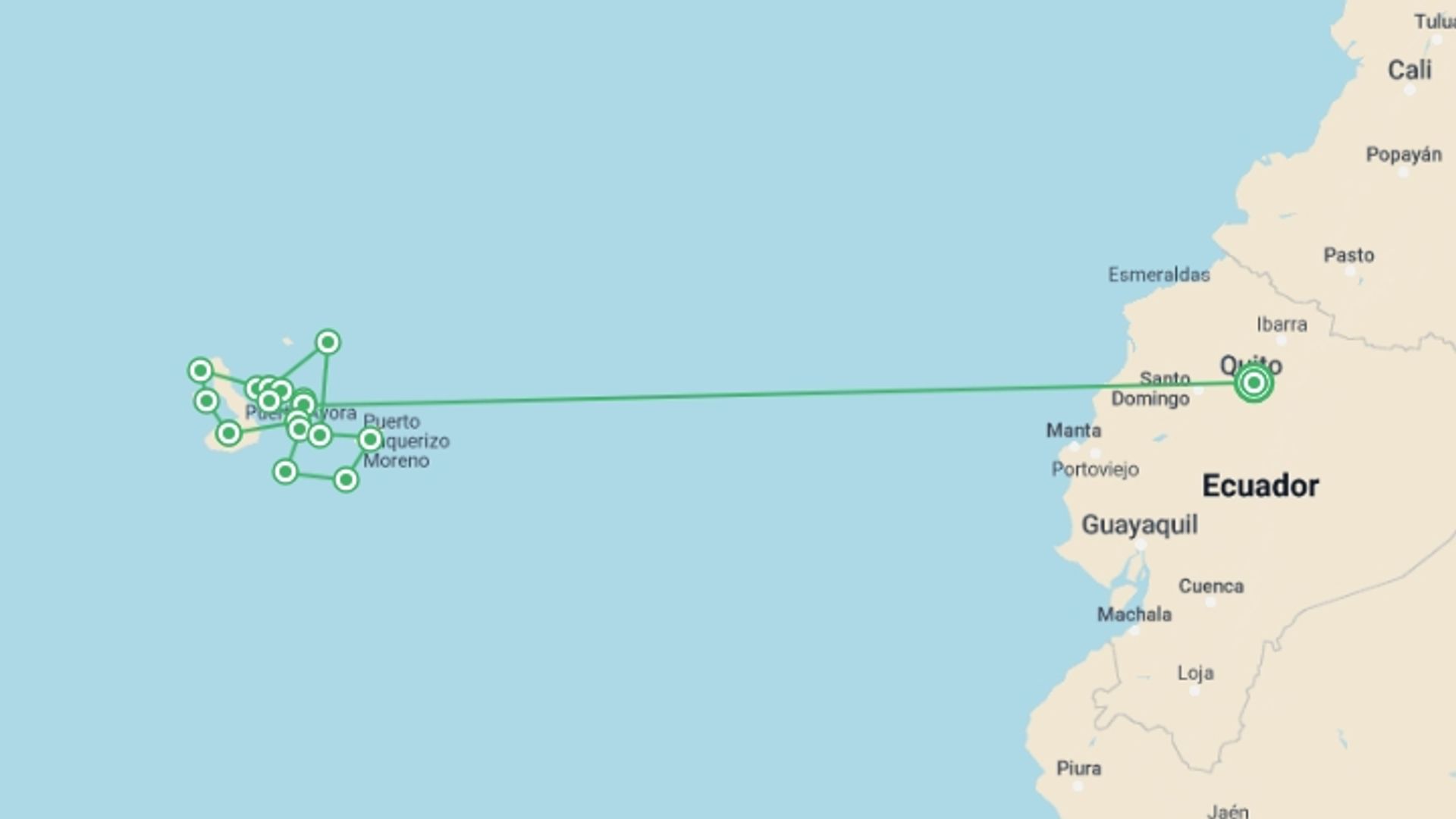 A map showing the tour itinerary for the trip: Absolute Galapagos (Grand Daphne), starting in Quito, Ecuador and ending in Quito, Ecuador going through 12 other destinations.