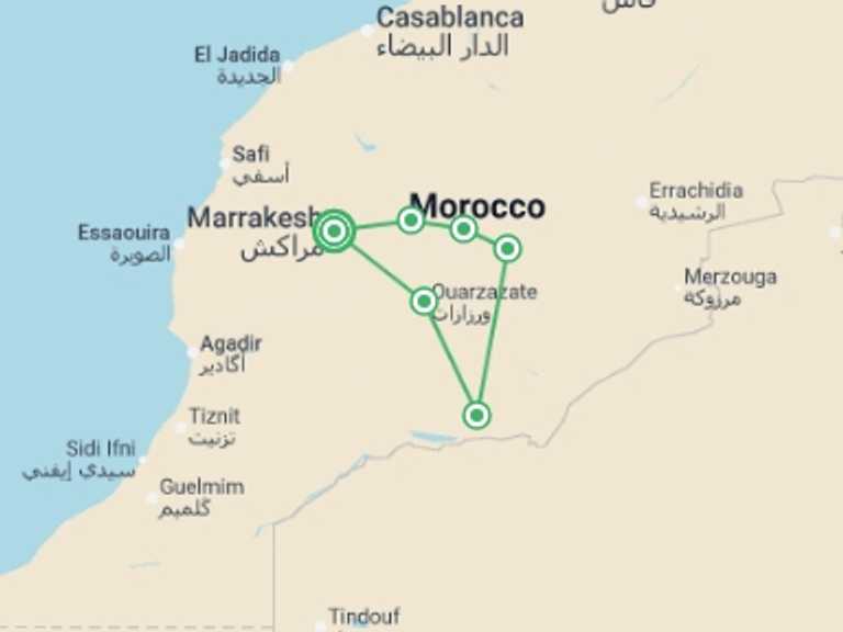Map itinerary of Mediterranean Tour in July 2026 with 5 destination visits for the trip: Self Drive Morocco - 8 days
