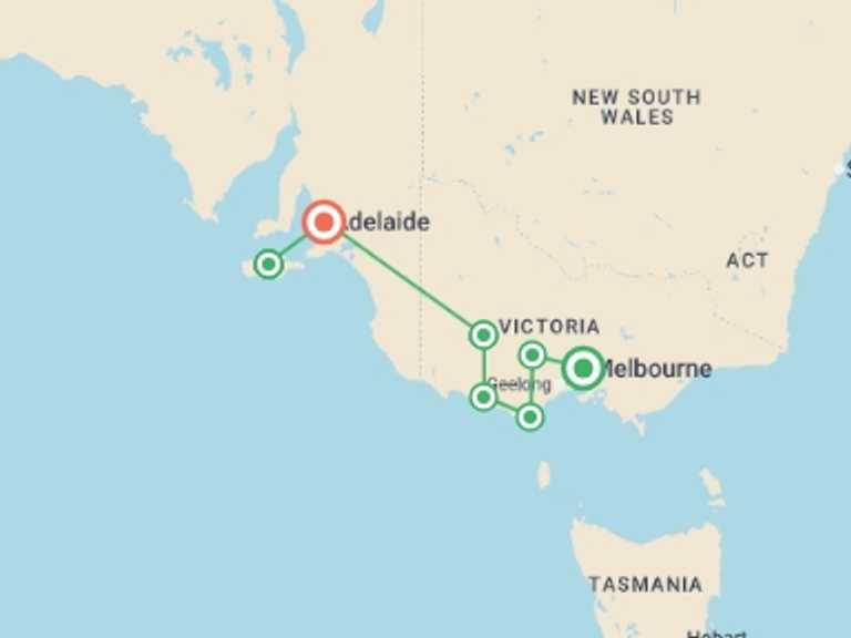 Map itinerary of Melbourne Tour in March 2027 with 7 destination visits for the trip: Melbourne to Kangaroo Island Adventure