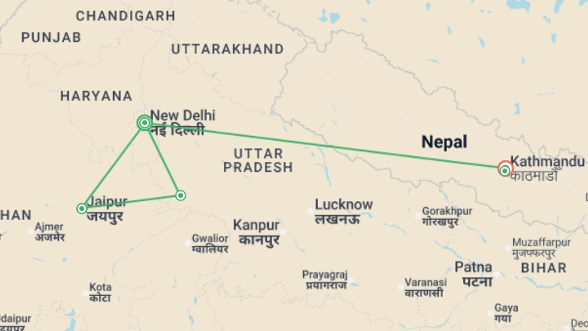 A map showing the tour itinerary for the trip: Golden Triangle With Kathmandu, Supersaver (multi Country), starting in New Delhi, India and ending in Kathmandu, Nepal going through 3 other destinations.