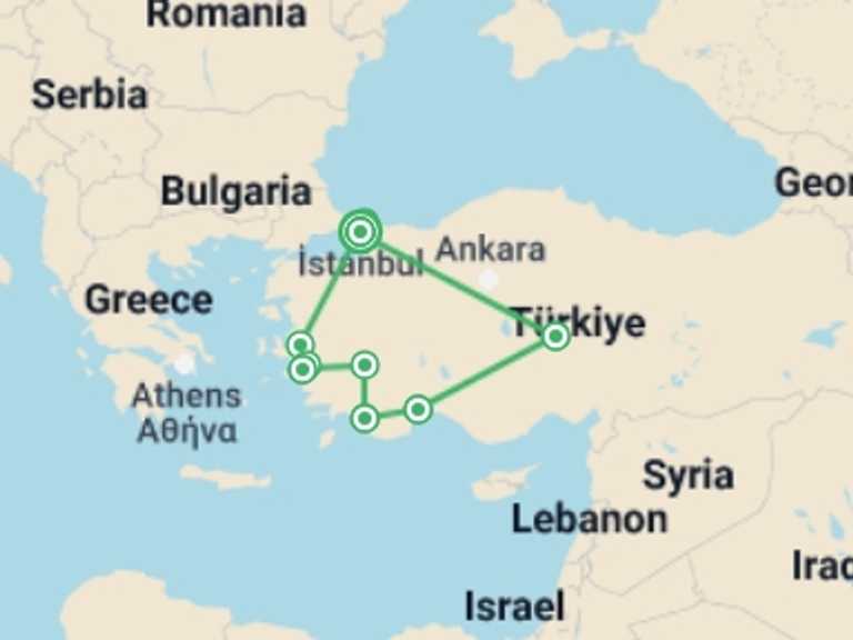 Map itinerary of Europe Tour in Fall with 7 destination visits for the trip: Highlights of Turkey (Twelve Days)