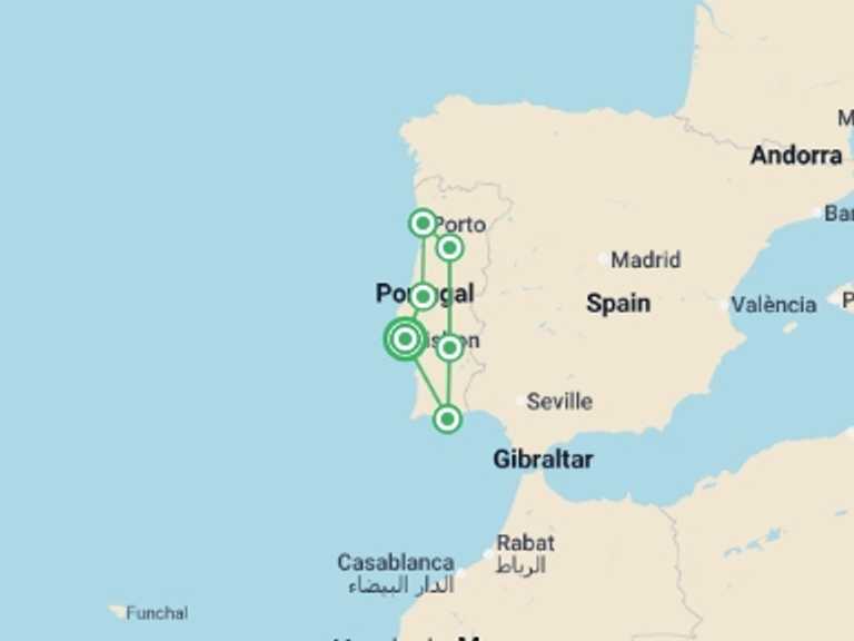 Map of Europe Natural landmarks sightseeing Tour with 6 destination visits for the trip: Best of Portugal