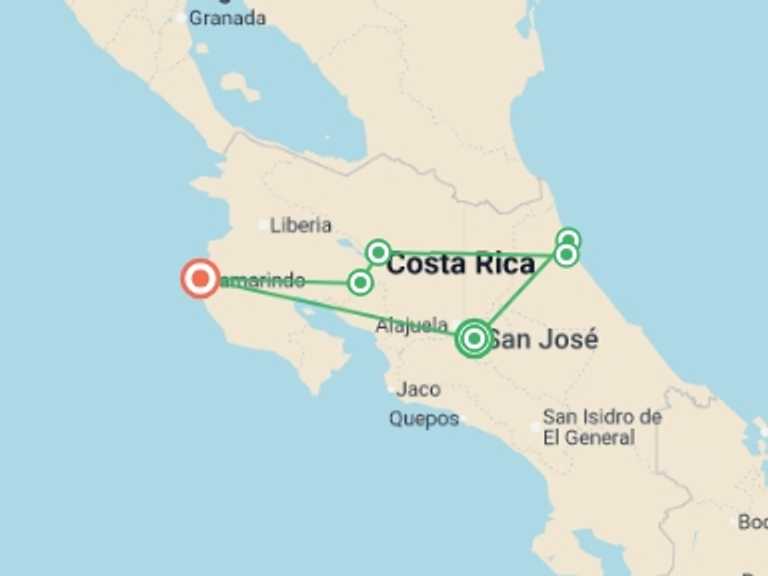 Map of Costa Rica Tour with 8 destination visits for the trip: Costa Rican Explorer