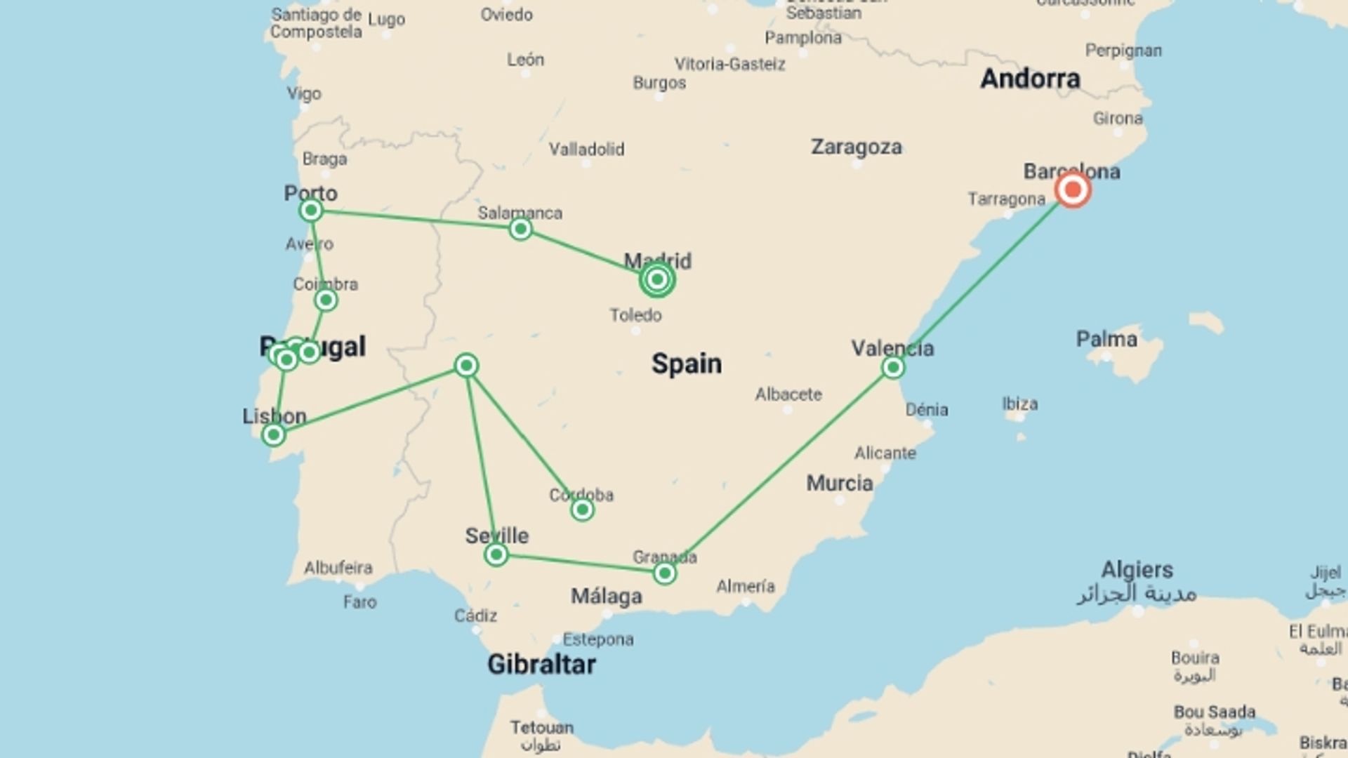 A map showing the tour itinerary for the trip: Best of Spain & Portugal, starting in Madrid, Spain and ending in Barcelona, Spain going through 8 other destinations.