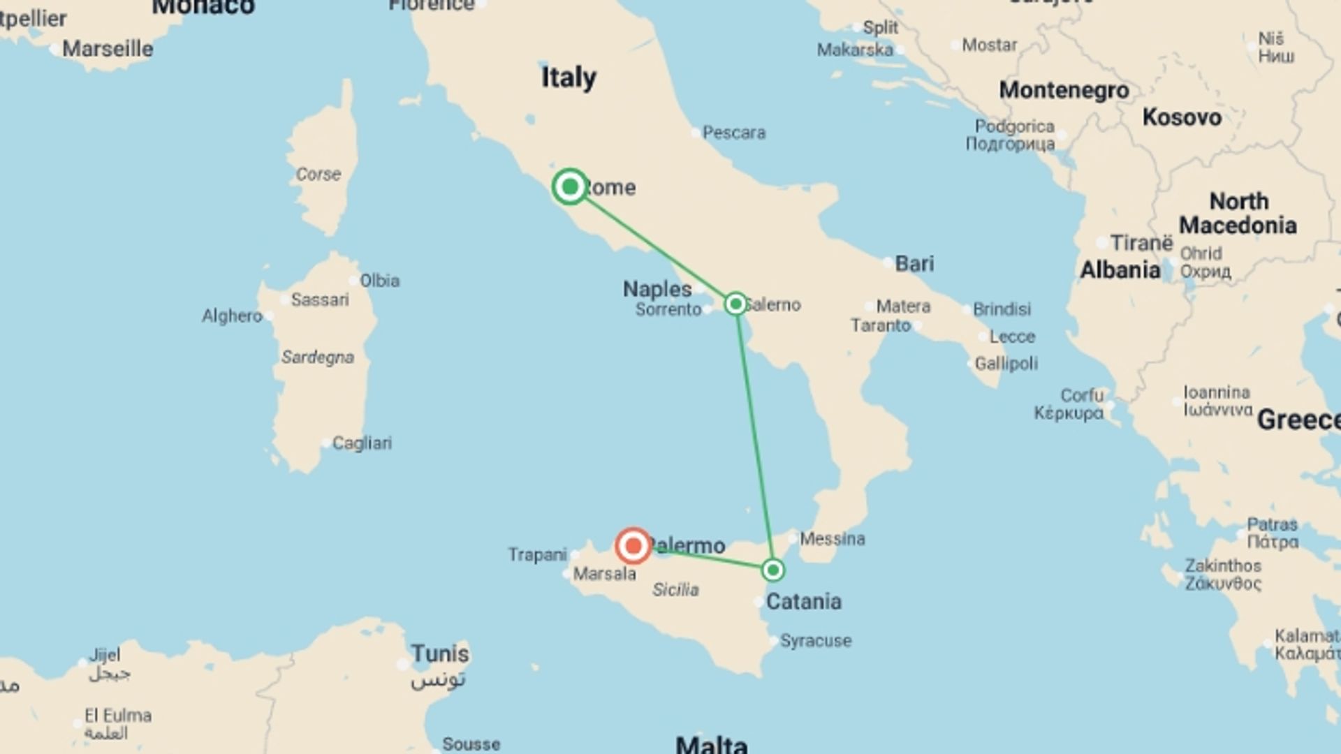 A map showing the tour itinerary for the trip: Beautiful Campania and Sicily, starting in Rome, Italy and ending in Palermo, Italy going through 2 other destinations.