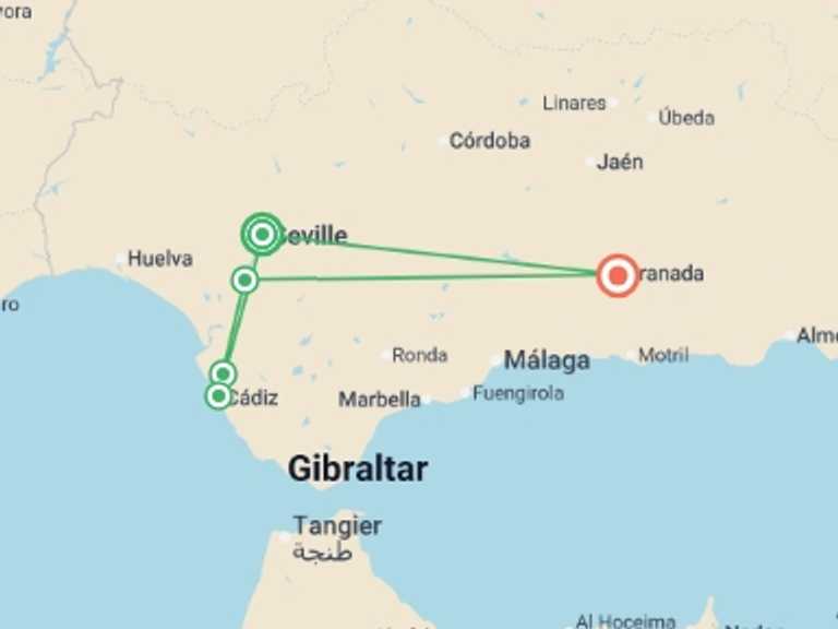 Map of Spain Tour with 5 destination visits for the trip: Unforgettable Cruise through Andalusia for an Exceptional Celestial Spectacle (port-to-port cruise)
