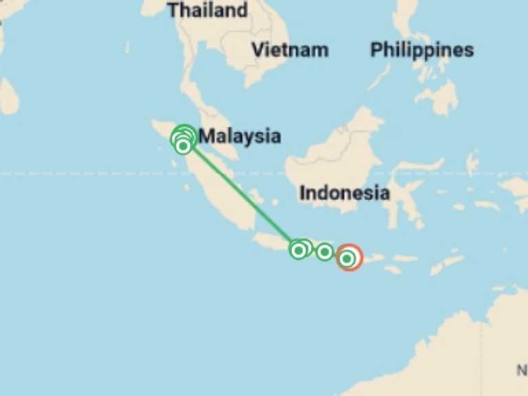 Map itinerary of Candidasa Tour in May 2026 with 15 destination visits for the trip: Indonesia: Sumatra, Java & Bali