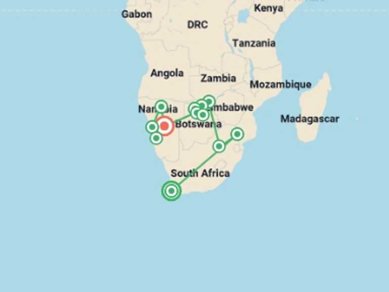 Map of Windhoek Wildlife Tour with 12 destination visits for the trip: Southern Africa Safari Reunion 35 to 45