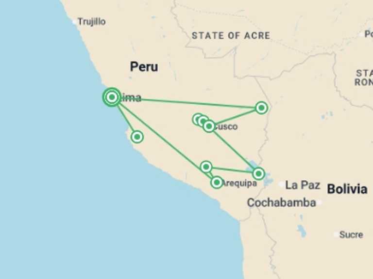 Map itinerary of Lake Titicaca Tour in June 2026 with 9 destination visits for the trip: Premium Peru in Depth with Ica Valley