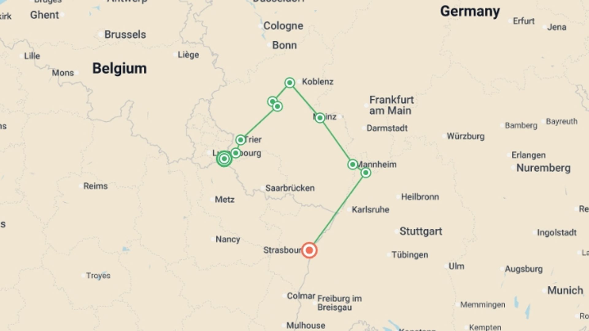 A map showing the tour itinerary for the trip: 4 Rivers: The Moselle, Sarre, Romantic Rhine, and Neckar Valleys, starting in Remich, Luxembourg and ending in Strasbourg, France going through 5 other destinations.