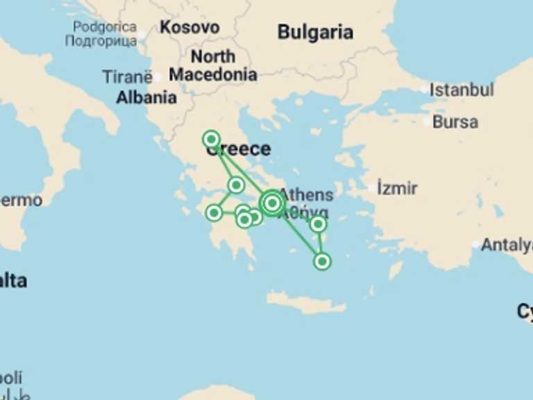 Map of a Adventure and sport Tour with 6 destination visits for the trip: Glory of Greece - 11 days