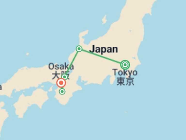 Map itinerary of Osaka Tour in June 2027 with 5 destination visits for the trip: Japan Real Food Adventure