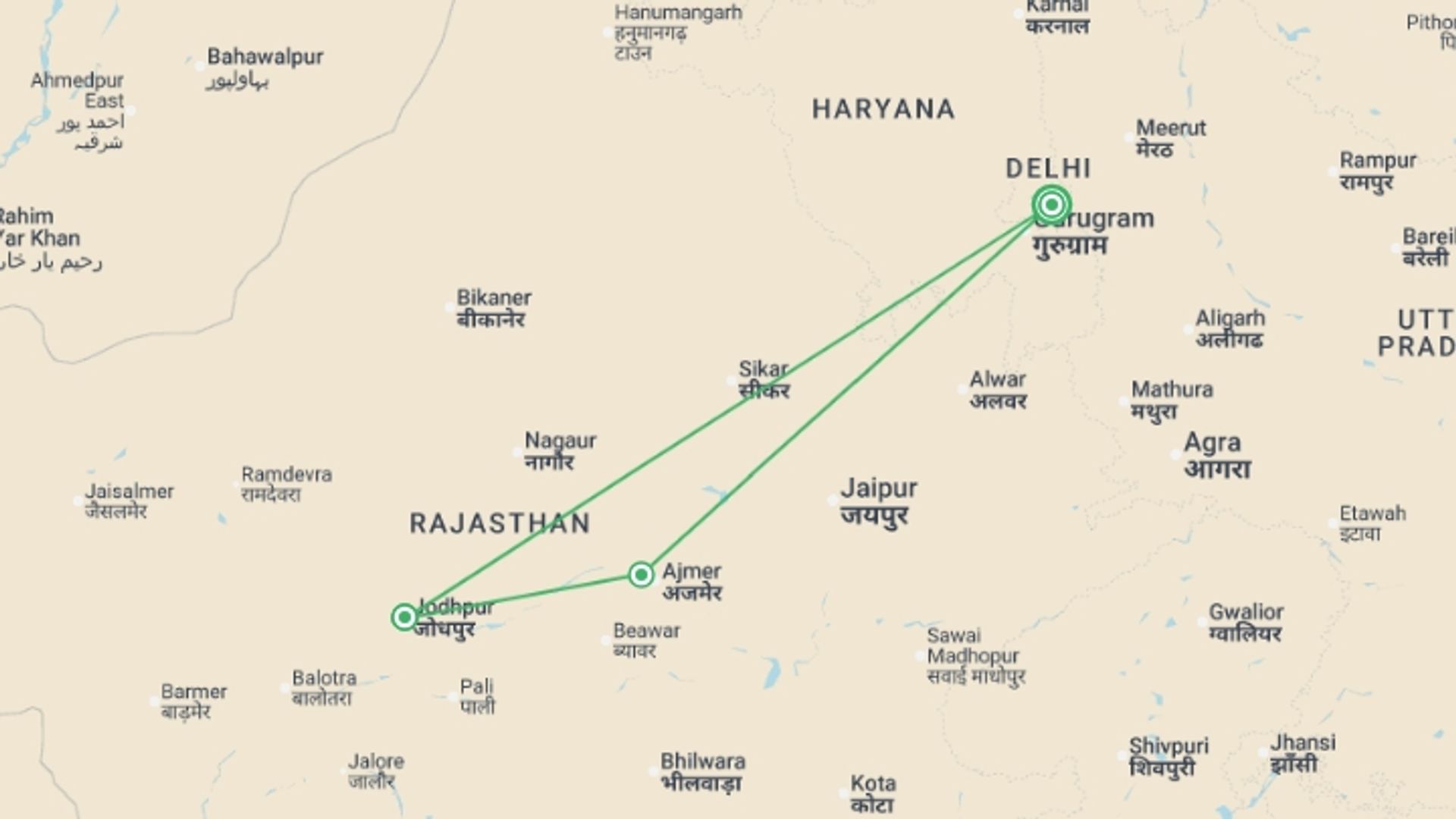A map showing the tour itinerary for the trip: Jodhpur & Pushkar - 6 days, starting in New Delhi, India and ending in New Delhi, India going through 2 other destinations.