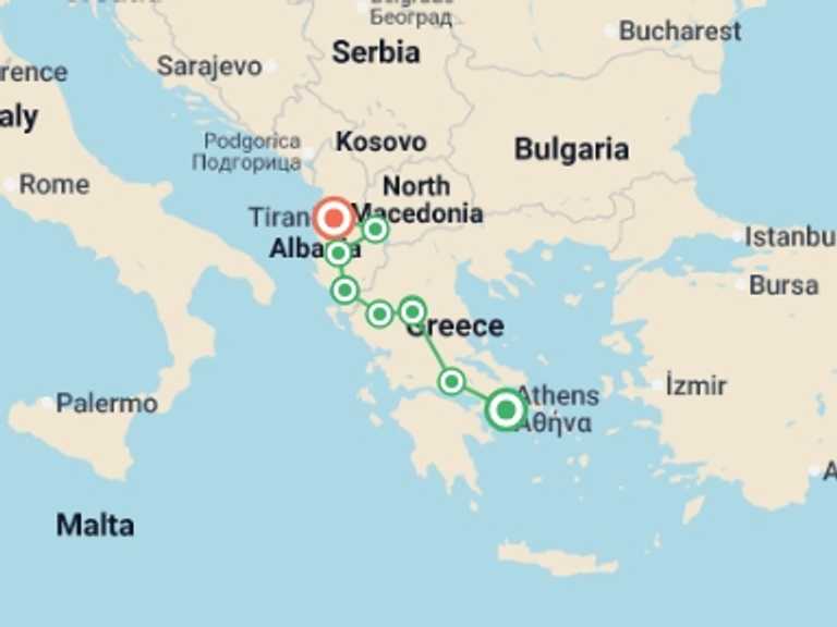 Map itinerary of Europe Tour in May 2026 with 6 destination visits for the trip: Athens, Macedonia & Albania - 7 days