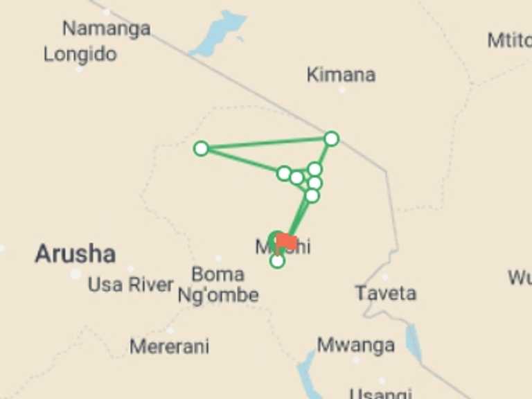 Map of Moshi Climbing Tour with 9 destination visits for the trip: Kilimanjaro - Rongai Route
