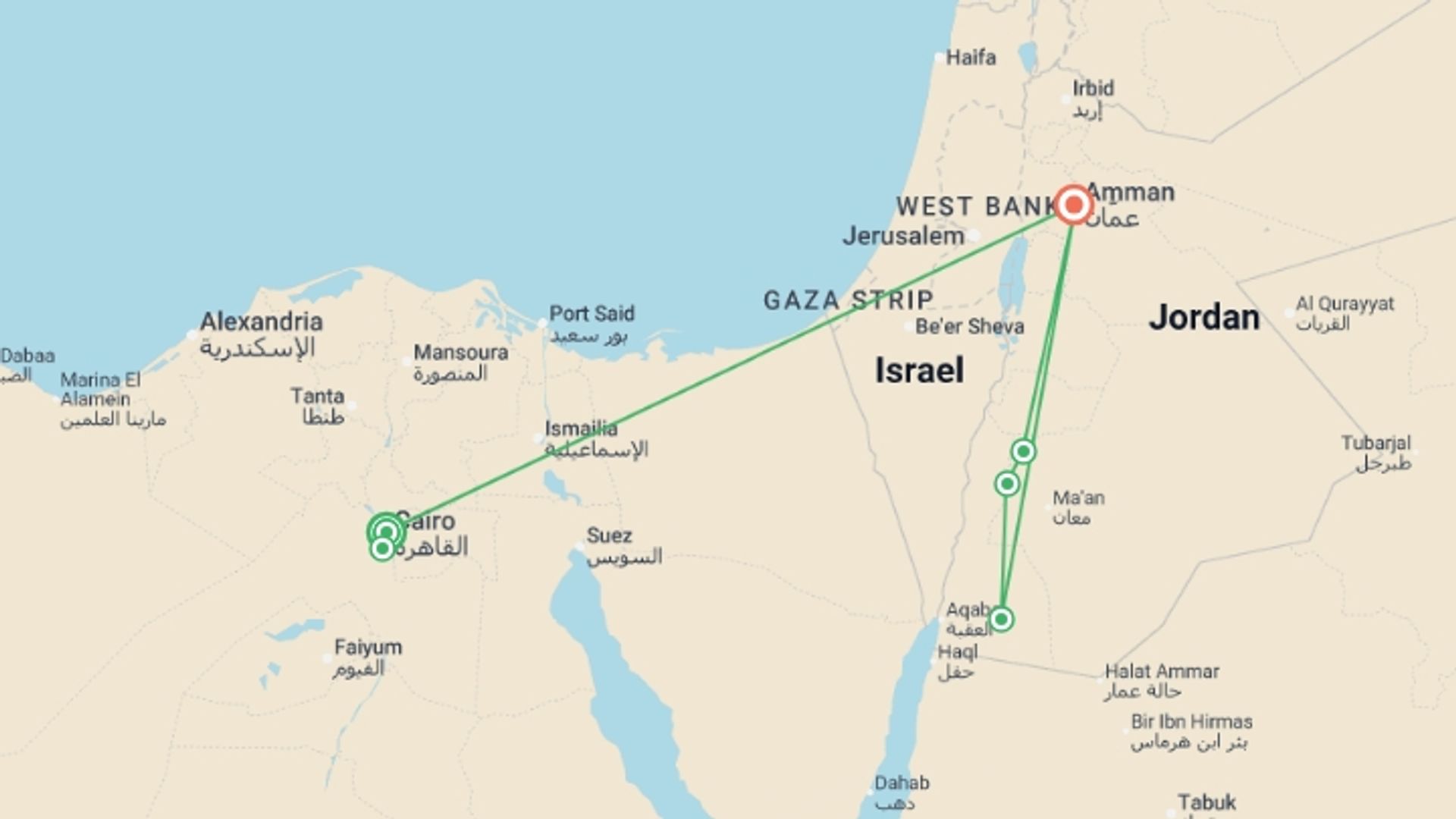 A map showing the tour itinerary for the trip: Pyramids & Petra, starting in Cairo, Egypt and ending in Amman, Jordan going through 2 other destinations.