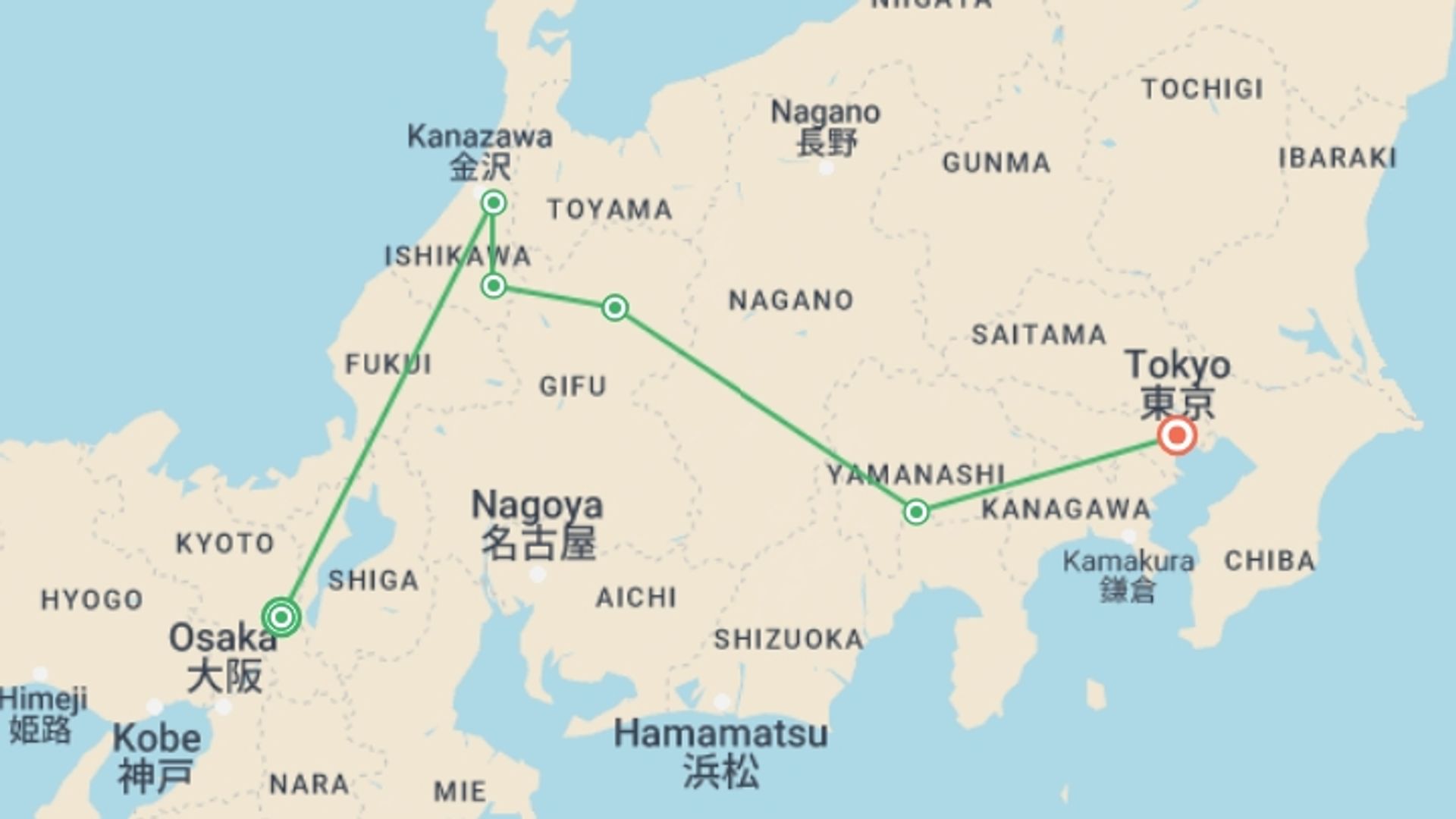 A map showing the tour itinerary for the trip: Classic Japan Starting Kyoto, starting in Kyoto, Japan and ending in Tokyo, Japan going through 2 other destinations.