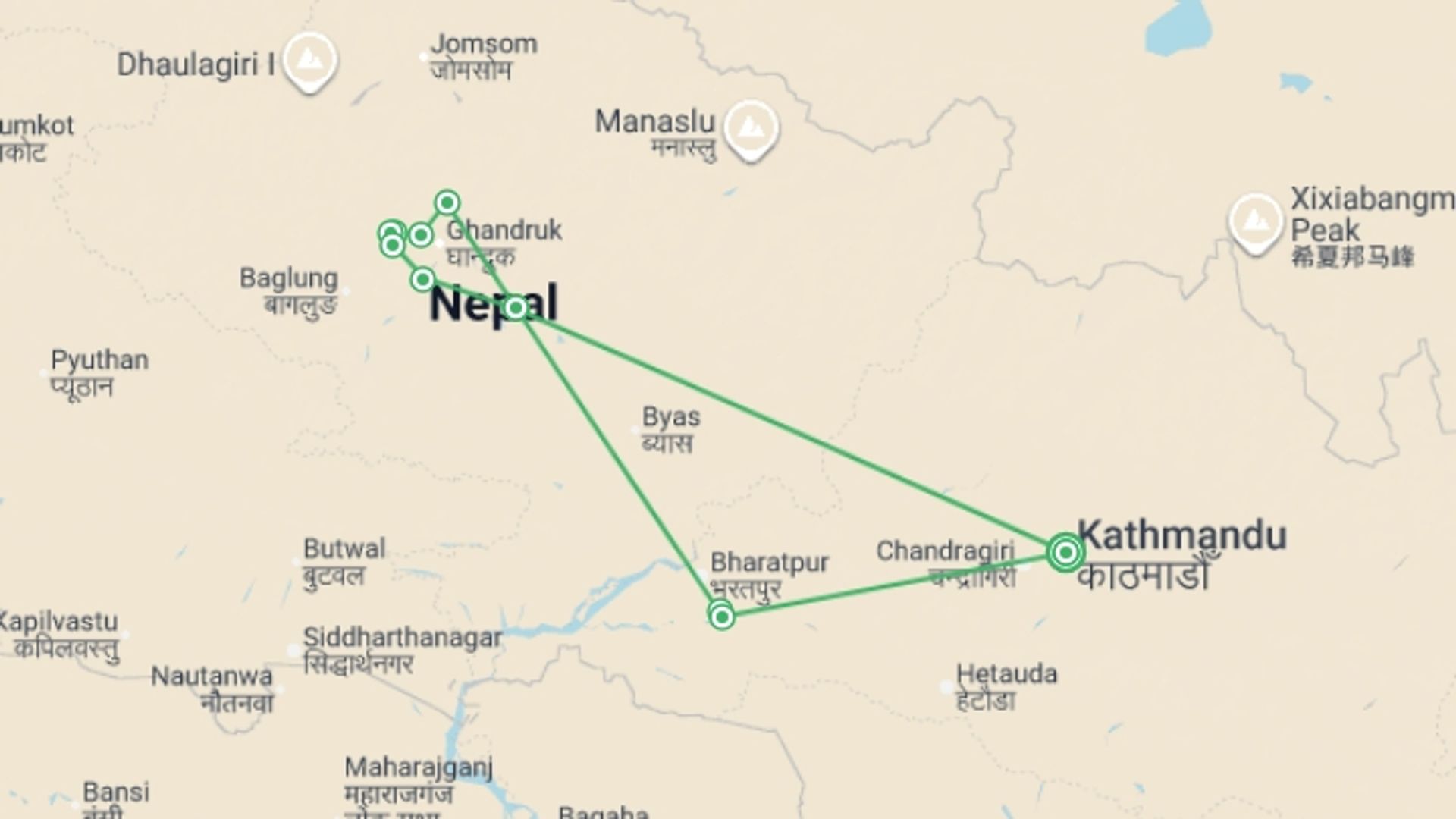 A map showing the tour itinerary for the trip: Annapurna Chitwan, starting in Kathmandu, Nepal and ending in Kathmandu, Nepal going through 7 other destinations.