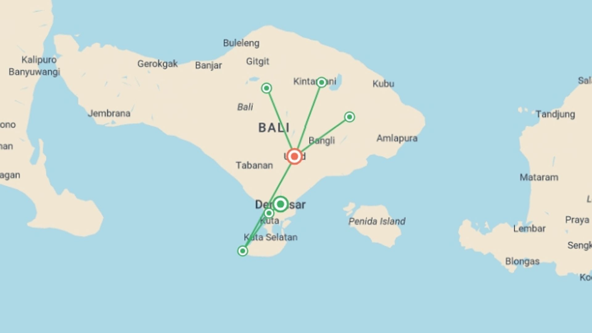 A map showing the tour itinerary for the trip: Highlight Of Bali, Private Tour, starting in Denpasar, Indonesia and ending in Ubud, Indonesia going through 1 other destinations.