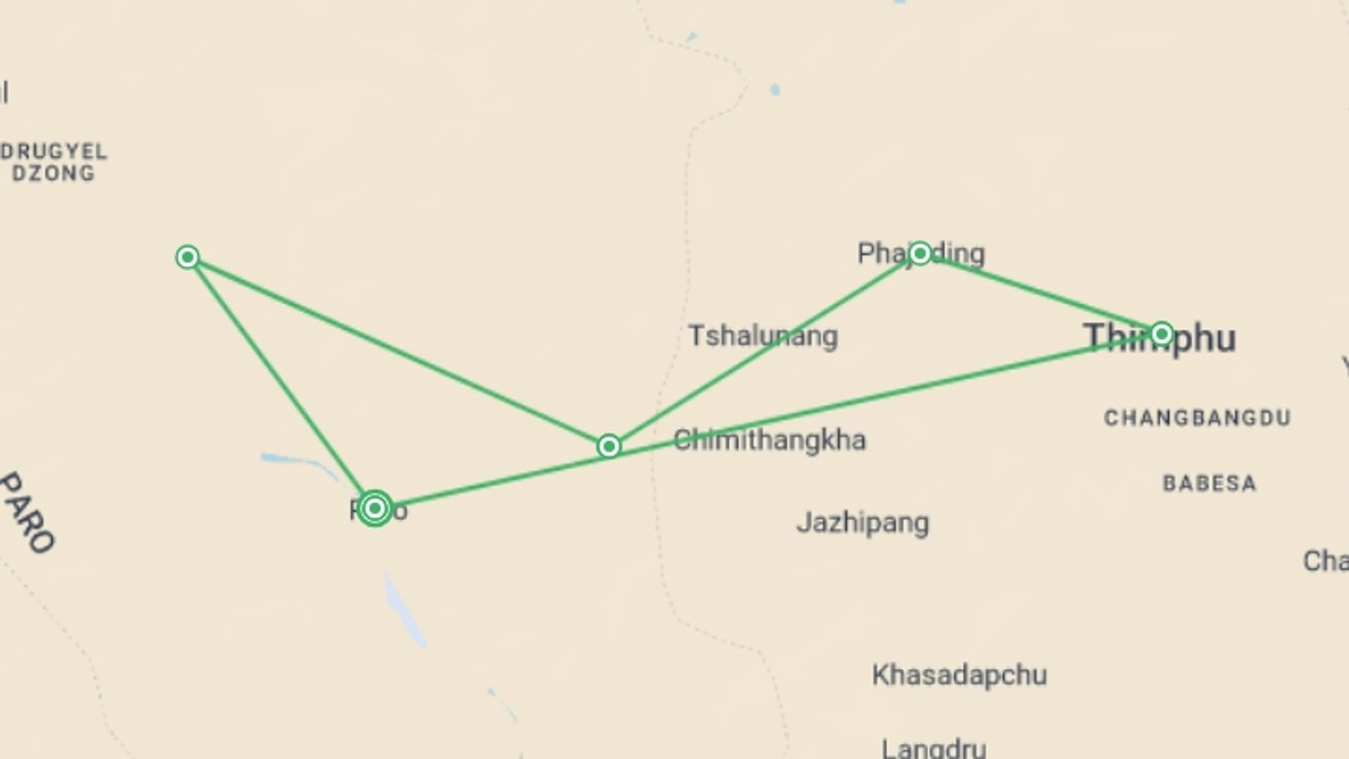 A map showing the tour itinerary for the trip: Bhutan Thimphu Festival & Trek, starting in Paro, Bhutan and ending in Paro, Bhutan going through 4 other destinations.