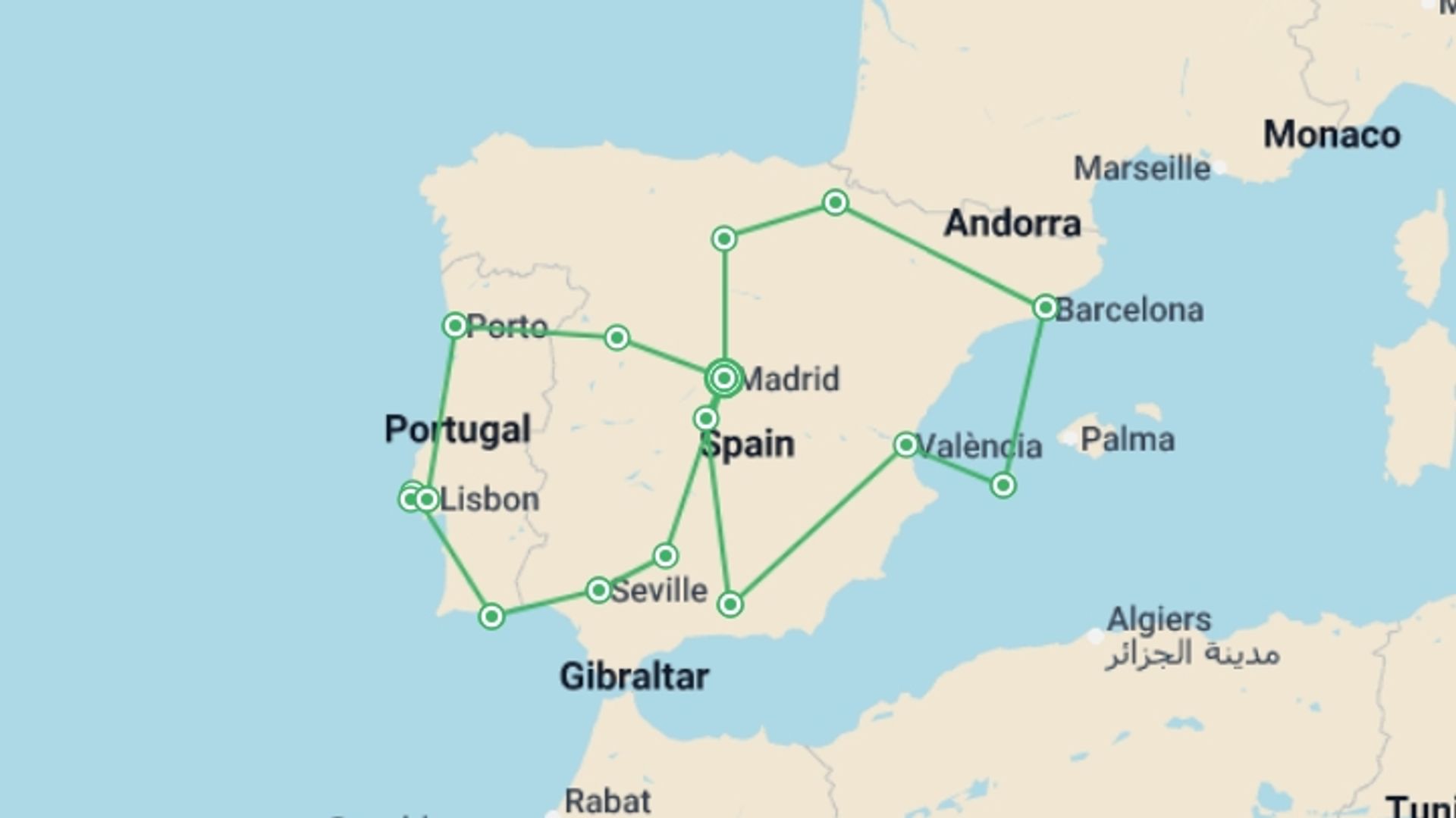 A map showing the tour itinerary for the trip: Spain and Portugal Uncovered, starting in Madrid, Spain and ending in Madrid, Spain going through 11 other destinations.