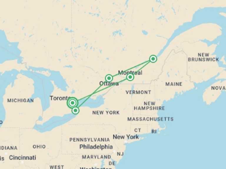 Map of 9-Day Canada Tour with 5 destination visits for the trip: Eastern Explorer Mini Tour: Toronto Departure