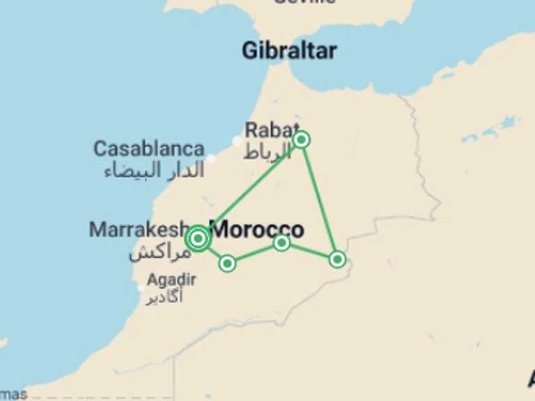 Map itinerary of Morocco Tour in July 2026 with 5 destination visits for the trip: Highlights of Morocco