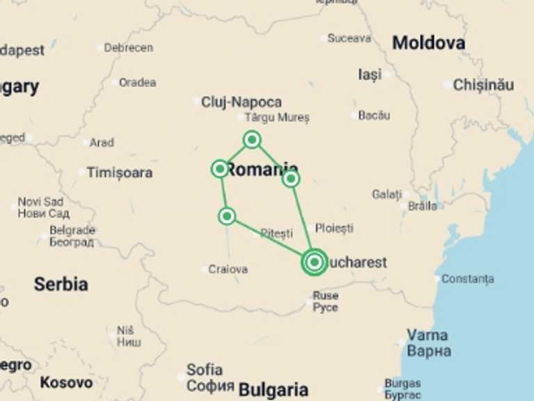 Map of Balkans Tour with 5 destination visits for the trip: Romania: Mountains to Monasteries