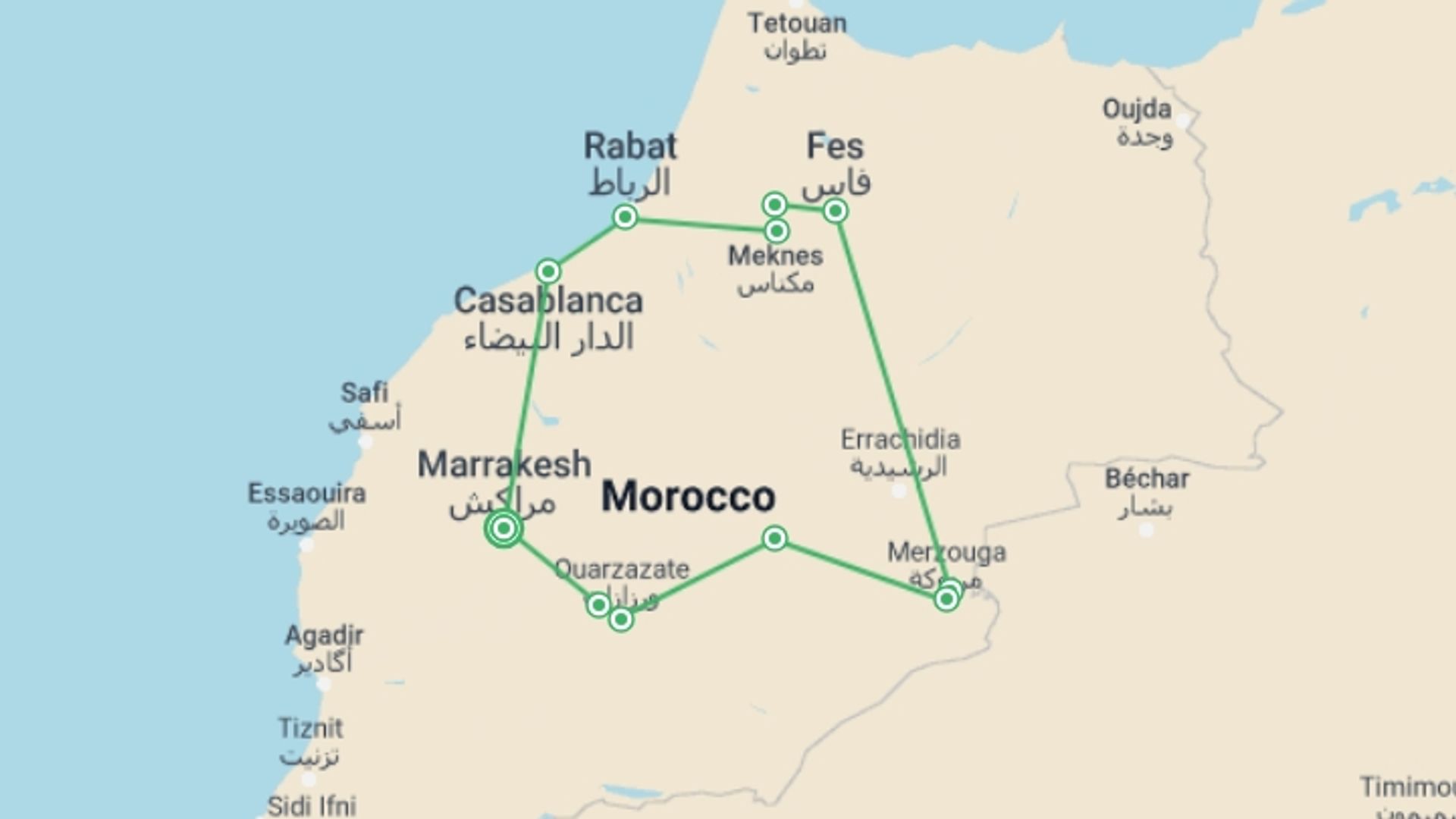 A map showing the tour itinerary for the trip: Moroccan Circuit - 2025, starting in Marrakech, Morocco and ending in Marrakech, Morocco going through 7 other destinations.
