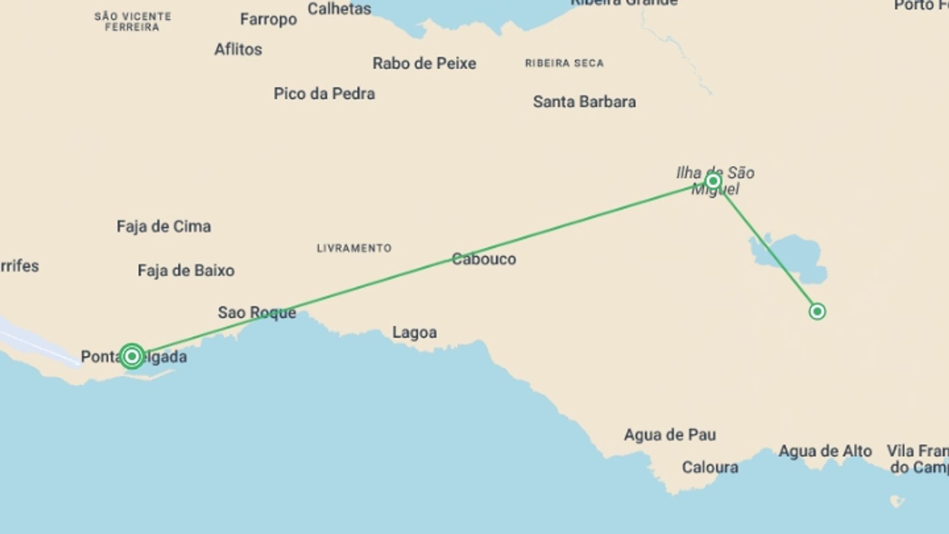 A map showing the tour itinerary for the trip: Discover the Azores, starting in Lisbon, Portugal and ending in Lisbon, Portugal going through 3 other destinations.