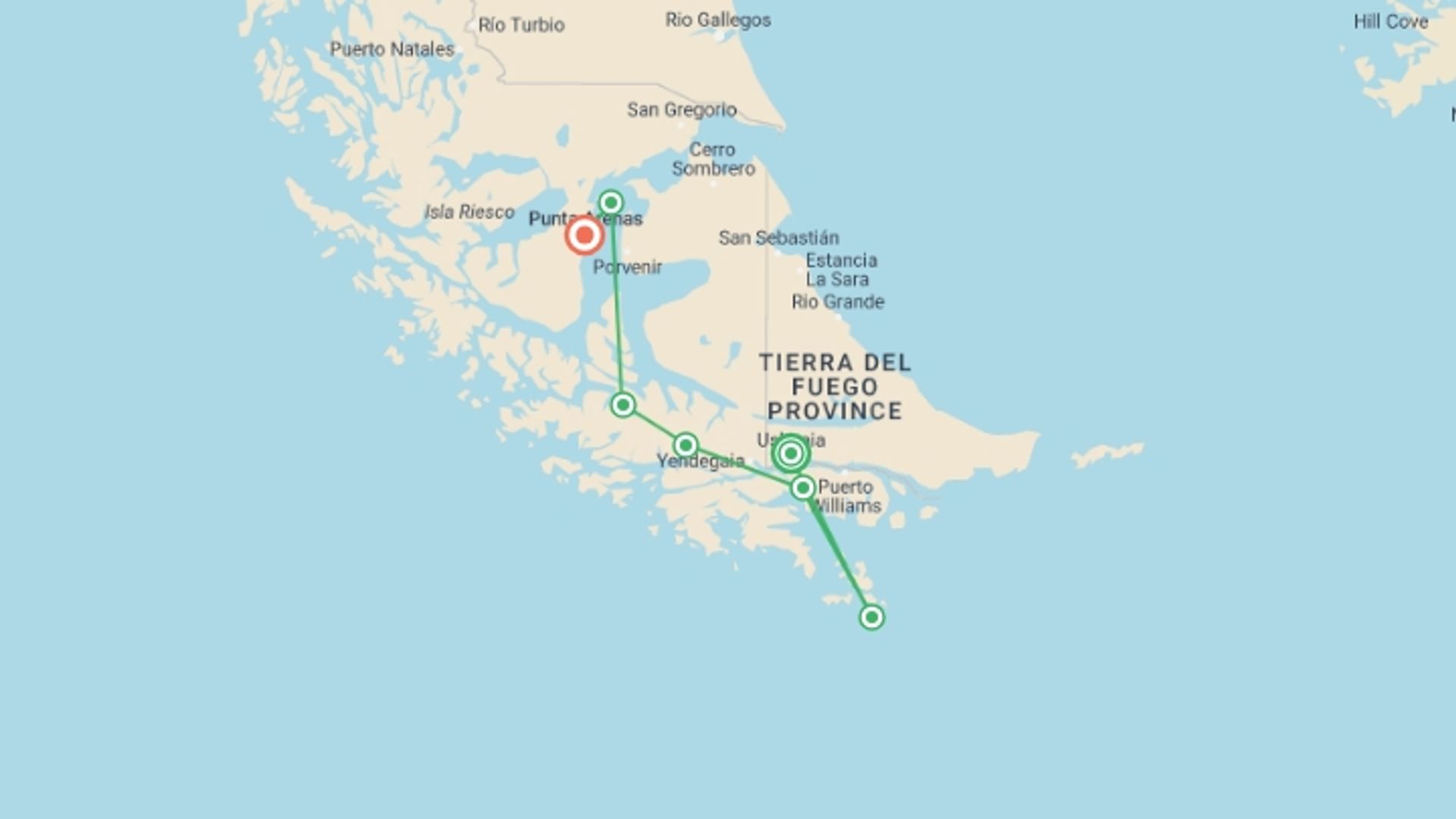 A map showing the tour itinerary for the trip: Patagonia Cruise: Ushuaia to Punta Arenas, starting in Ushuaia, Argentina and ending in Punta Arenas, Chile going through 4 other destinations.