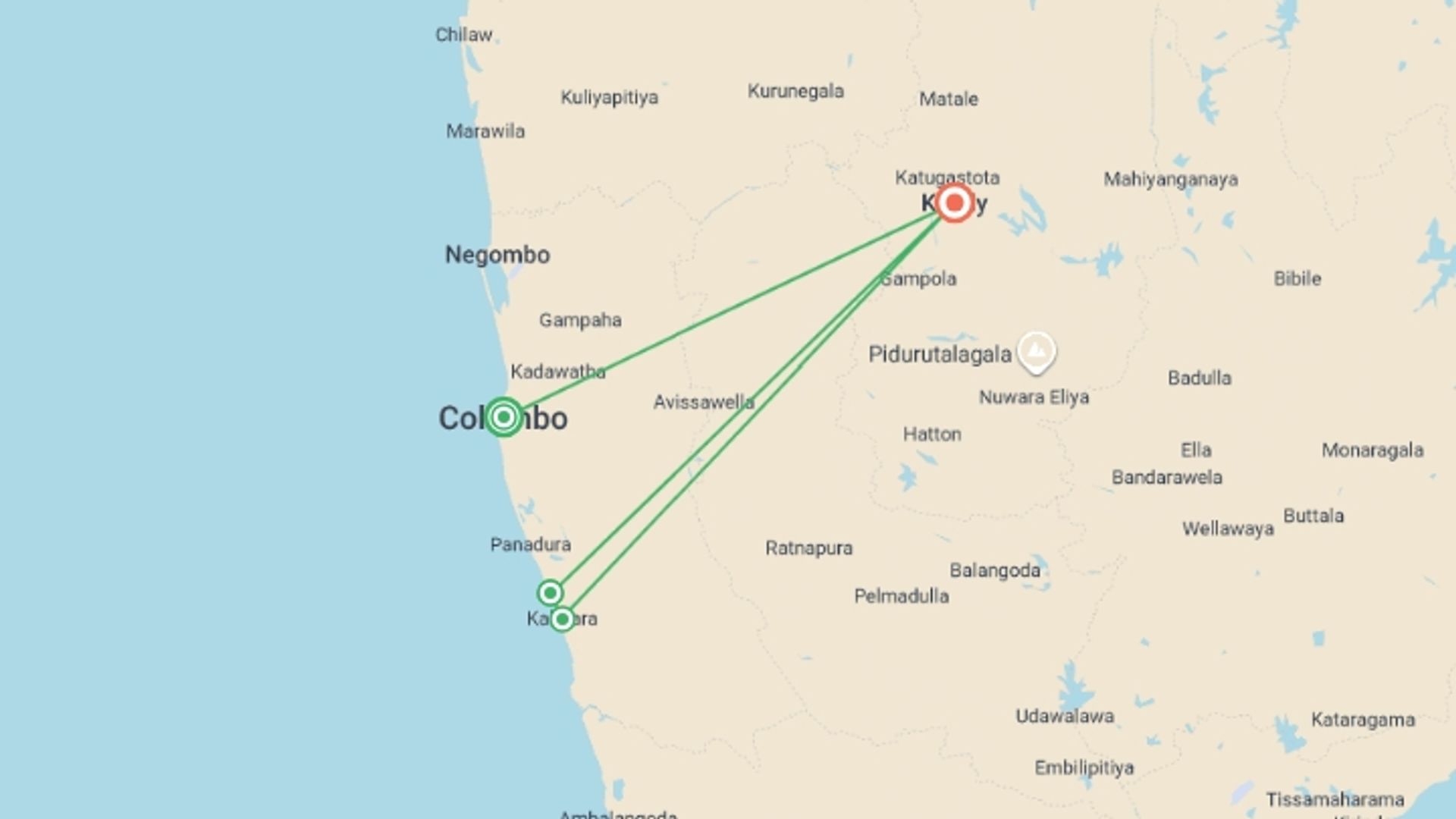 A map showing the tour itinerary for the trip: Wonders of Sri Lanka, starting in Colombo, Sri Lanka and ending in Kandy, Sri Lanka going through 2 other destinations.