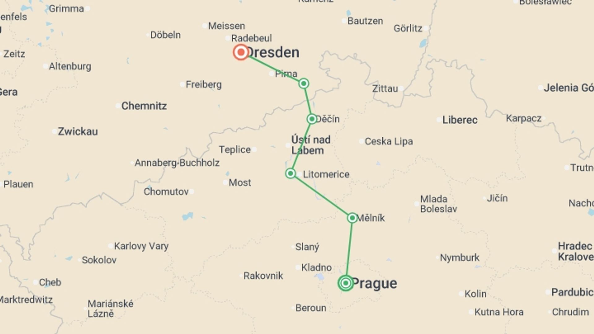 A map showing the tour itinerary for the trip: Prague to Dresden Self Guided Cycle, starting in Prague, Czech Republic and ending in Dresden, Germany going through 4 other destinations.