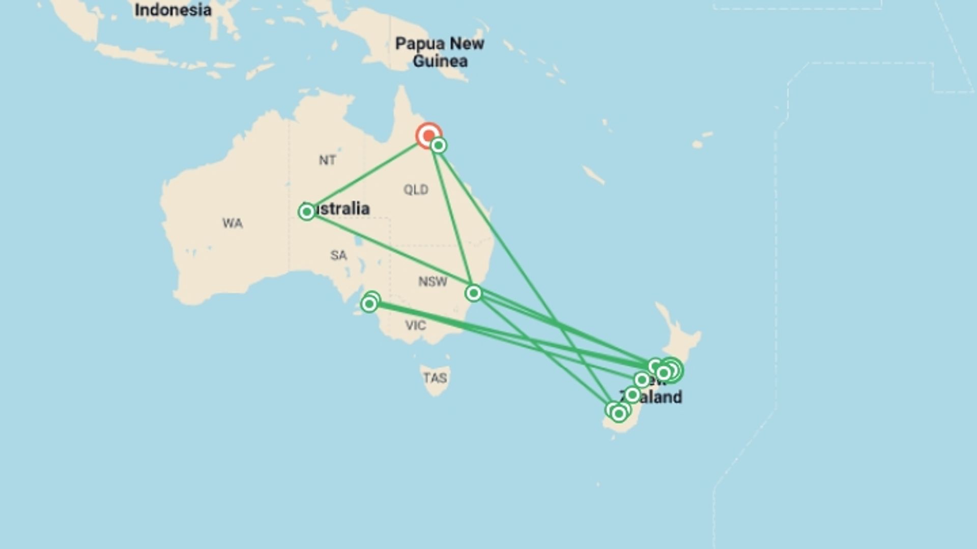 A map showing the tour itinerary for the trip: Australia and New Zealand Uncovered, starting in Wellington, New Zealand and ending in Cairns, Australia going through 7 other destinations.