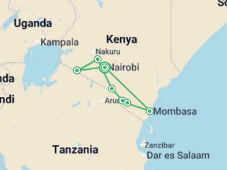 Map itinerary of Africa Tour in December 2026 with 7 destination visits for the trip: Enchanting Kenya Safari and Coastal Escape