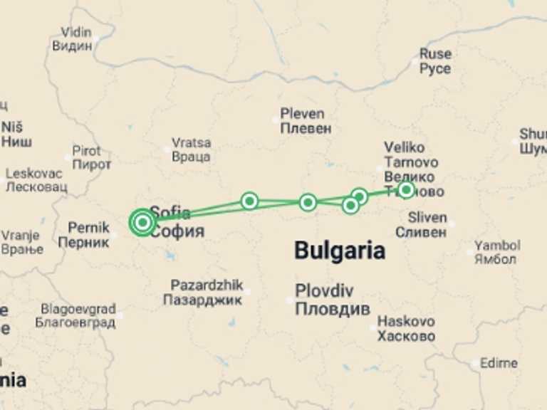 Map itinerary of Bulgaria Tour in July 2026 with 6 destination visits for the trip: Balkan Mountains Guided Cycle