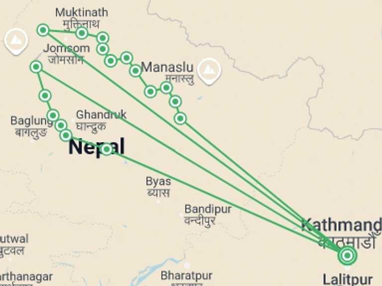 Map itinerary of Pokhara Tour in March 2027 with 18 destination visits for the trip: Annapurna Round Trek