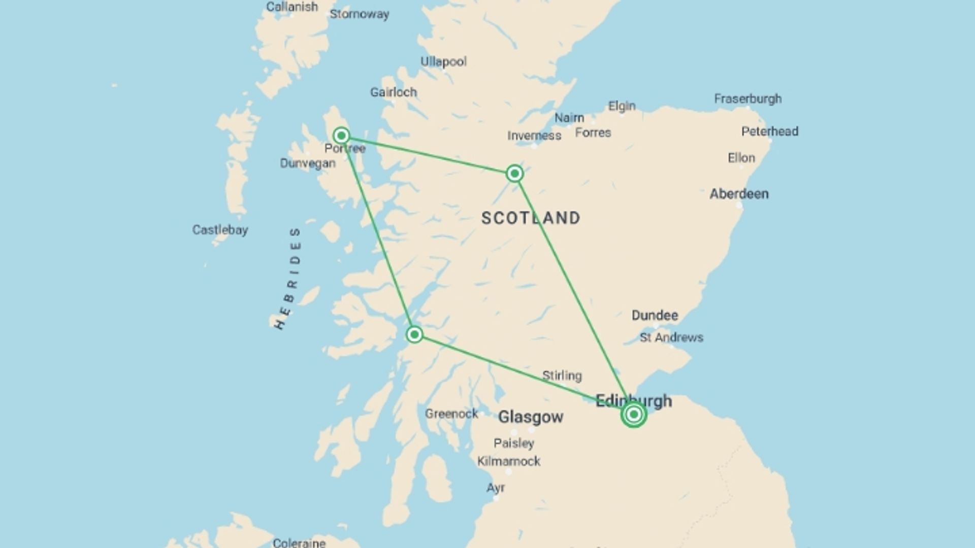 A map showing the tour itinerary for the trip: Highland Fling, starting in Edinburgh, Scotland and ending in Edinburgh, Scotland going through 4 other destinations.