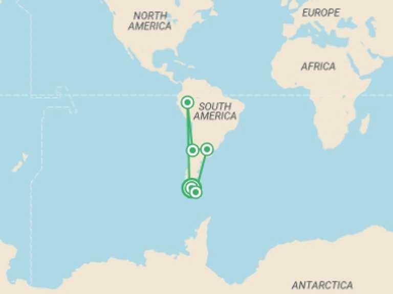 Map itinerary of Chile Tour in March 2026 with 6 destination visits for the trip: Dientes de Navarino Wilderness Trek